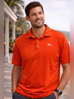 Tommy Bahama Men’s Polo Shirt Orange Coral Coastal Luxe Golf Casual Beach Vibe